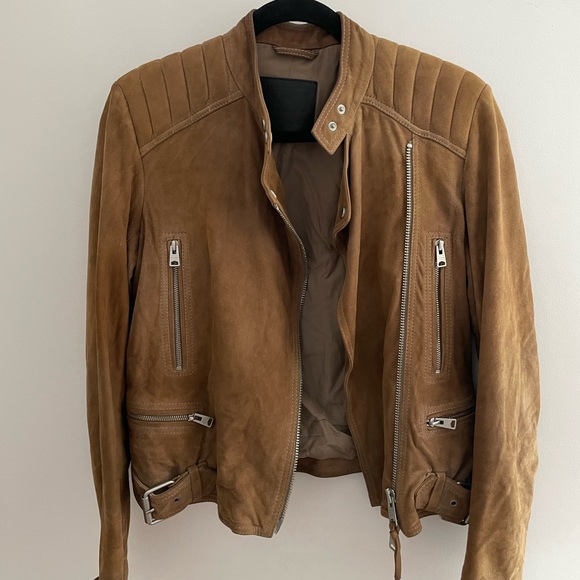 All Saints Kerr Real Suede Biker Jacket Tan Brown Leather Buckle Zips Size 8 - Picture 4 of 5